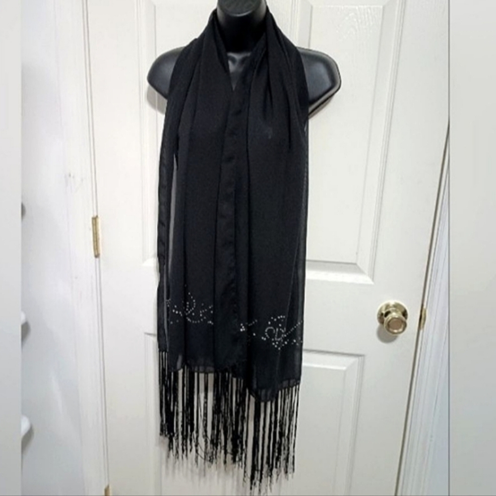 CD Rhinestone Sheer Black Fringe Scarf Unique Stylish Fancy - Picture 1 of 13